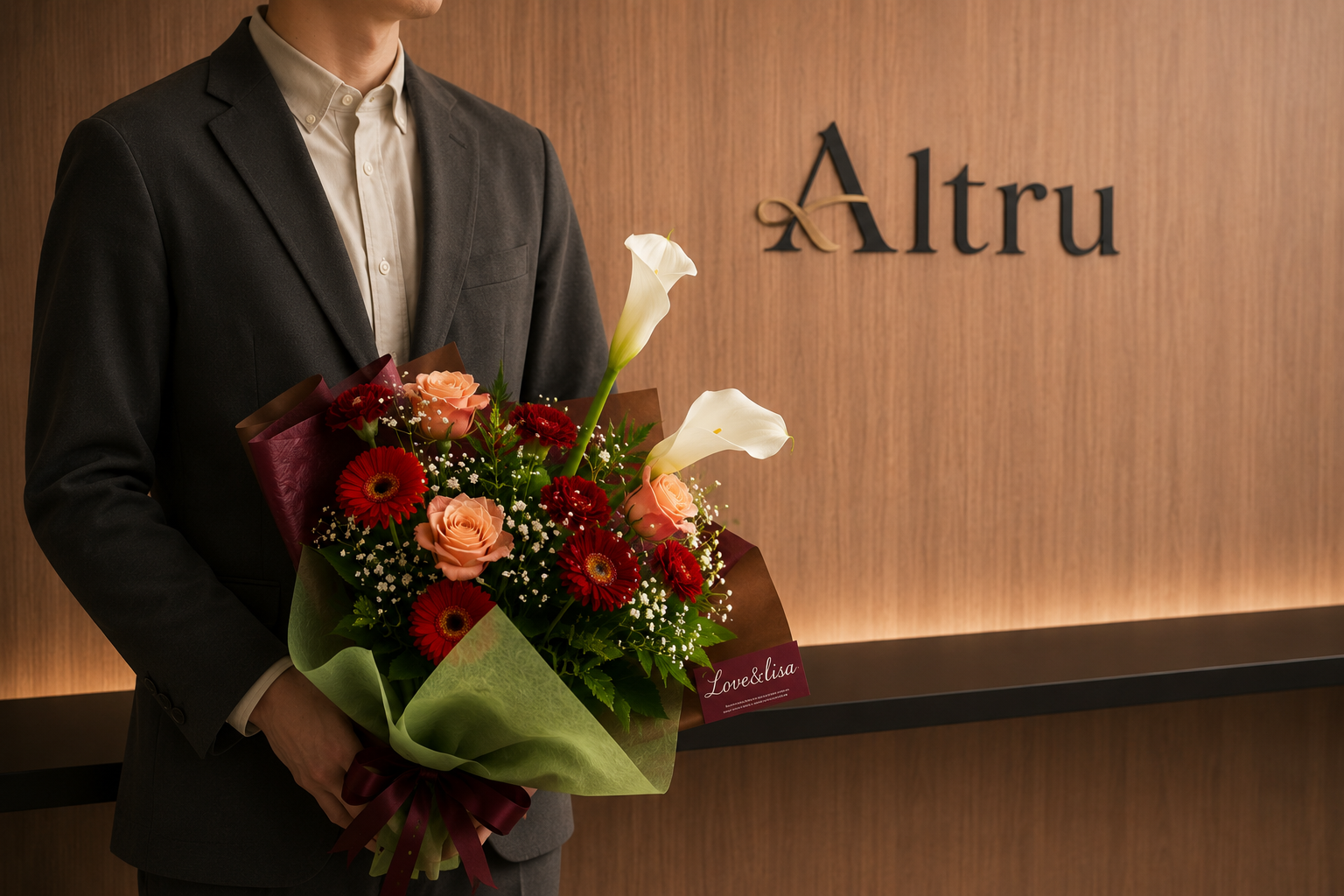 Altruの看板の前で花束を持つスーツ姿の男性