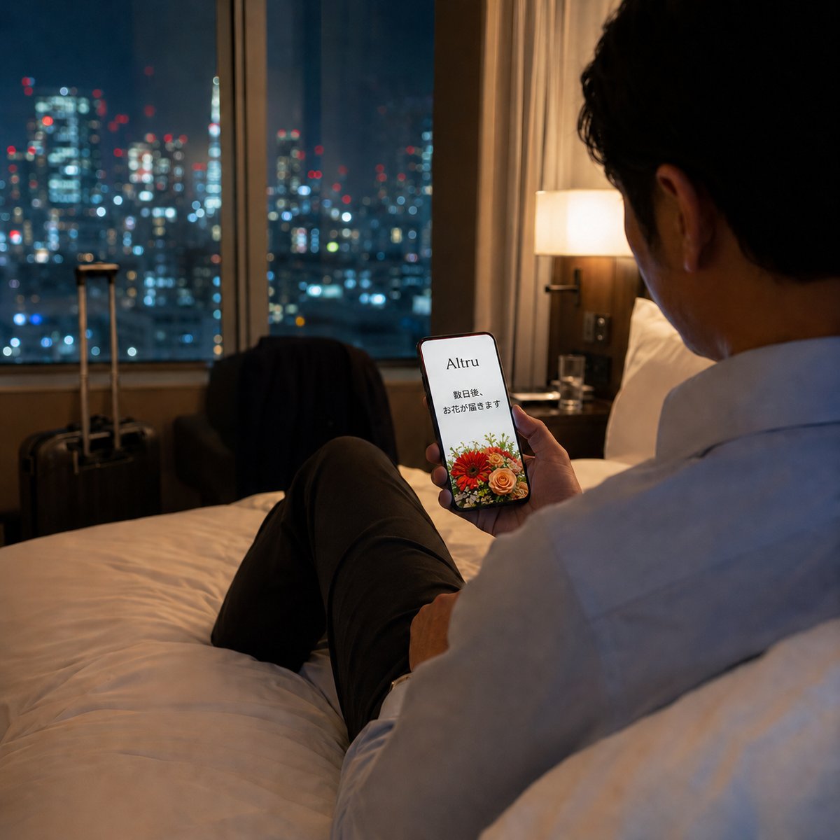 出張先のホテルでスマホにAltruからの通知を見る男性