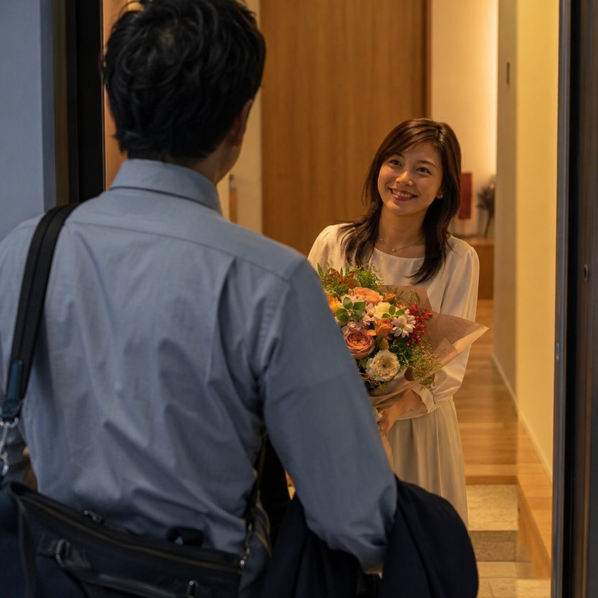 玄関で花束を持った妻が帰宅した夫を笑顔で迎える