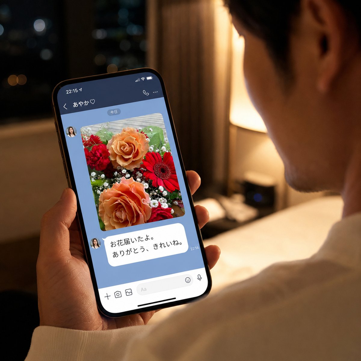 スマホのLINE画面に表示された花の写真とお礼のメッセージ