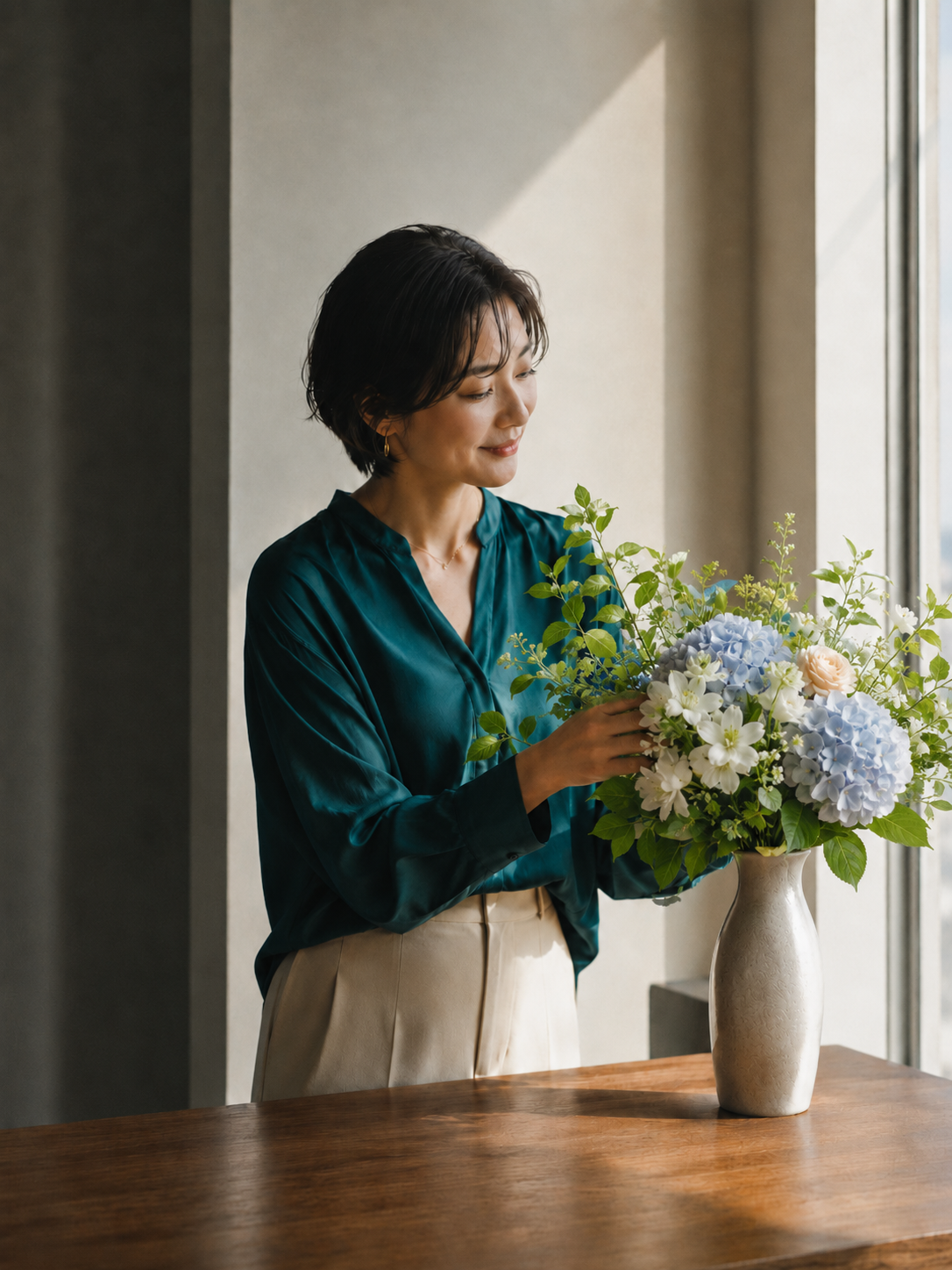 窓辺で青い紫陽花と白い花の活け込みを整える女性