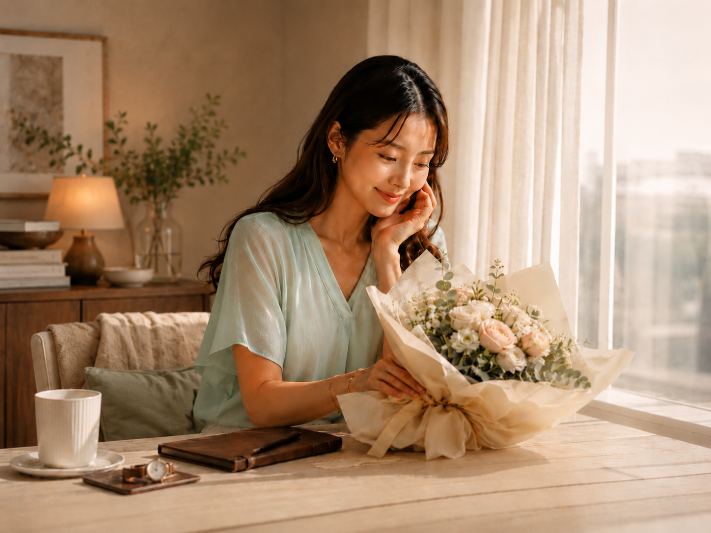 贈られたブーケを胸元に、穏やかに微笑む女性。日常のひととき