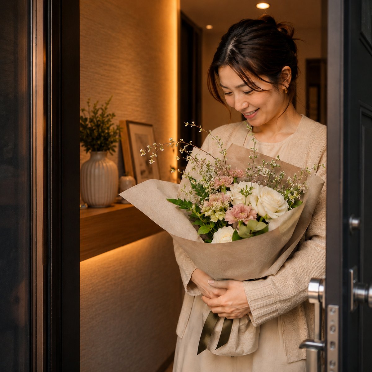 玄関先に届いた花束を受け取る女性